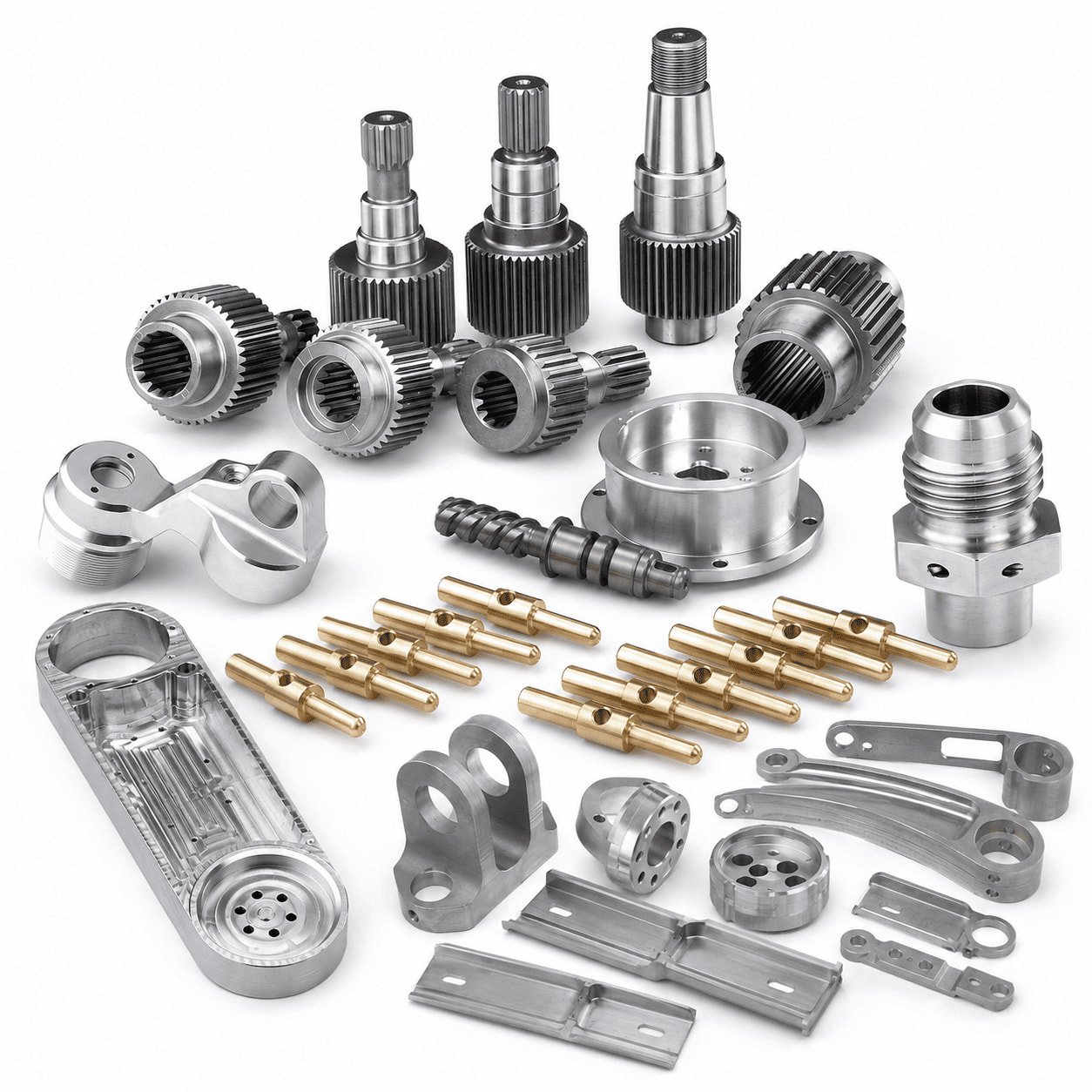 Collage of precision shafts, motor shafts, and CNC lathe turning process