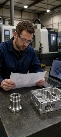 Engineer reviewing a customer drawing for a custom CNC machining RFQ