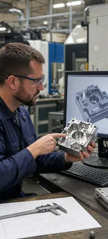 Engineers reviewing the manufacturability of a custom CNC machined part