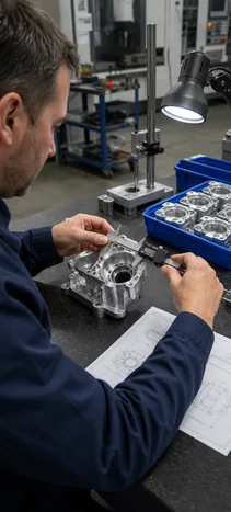 Inspector checking a first-article CNC machined part against the drawing