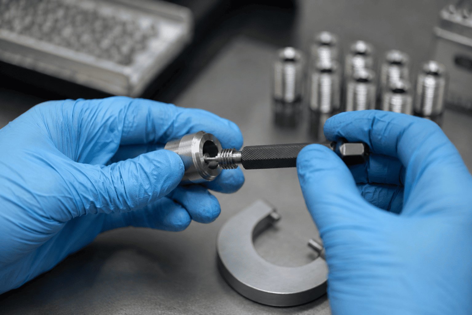 Thread gauge inspecting steel turned part