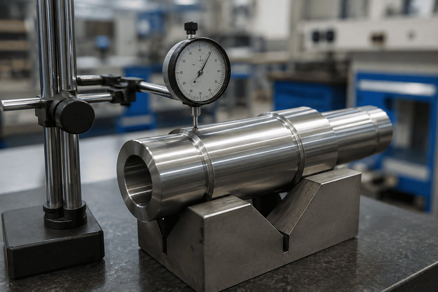 Dial indicator checking runout on steel shaft
