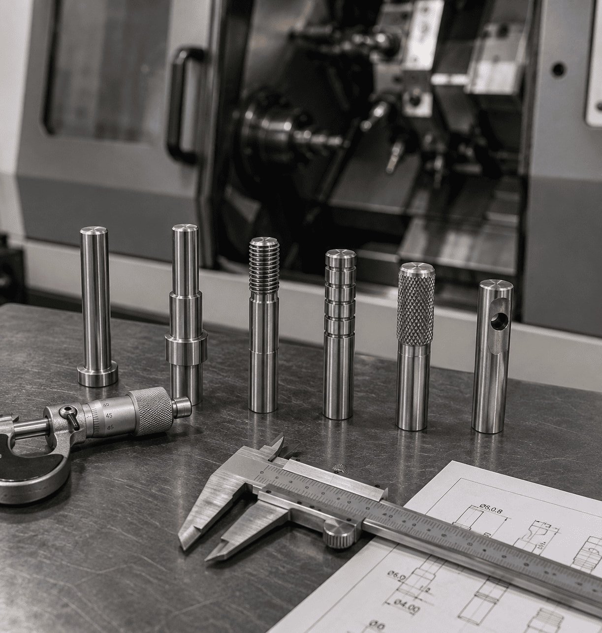 Six step CNC machining process for custom pins from bar stock to finished part