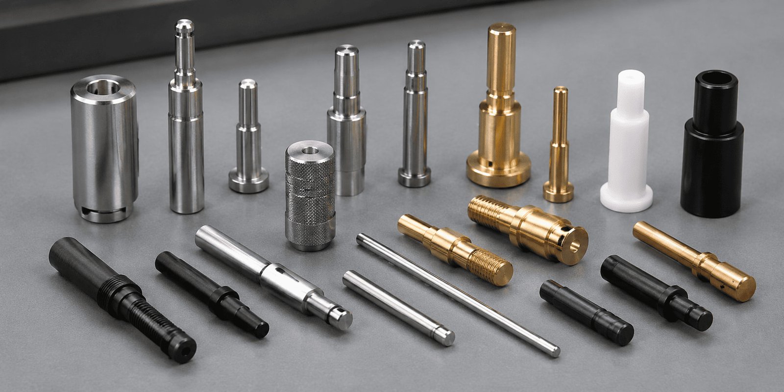 Variety of machined pin materials including stainless steel aluminum and brass