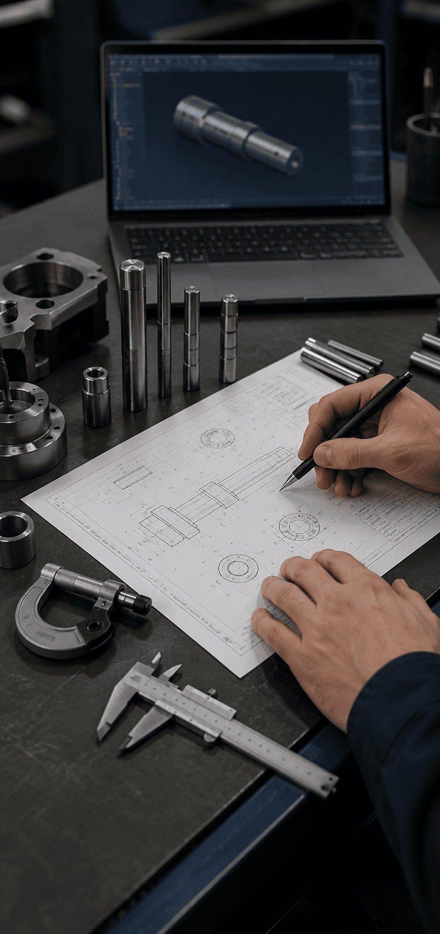 Engineer reviewing 2D drawing and measuring CNC machined pins with caliper