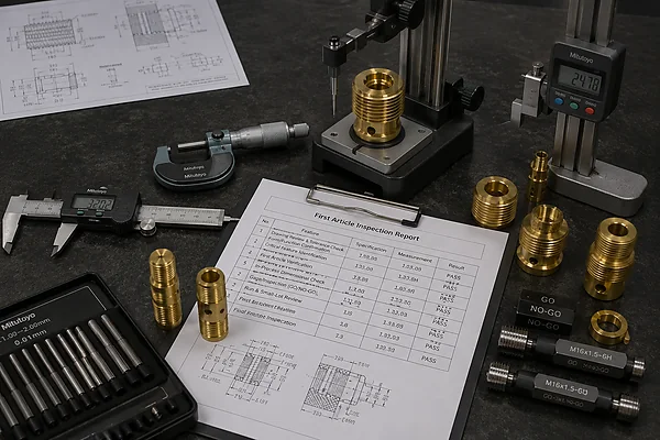 Thread gauge and micrometer inspecting brass part