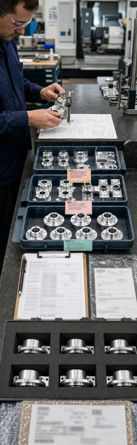 Inspector measuring CNC machined parts with inspection and lot traceability records