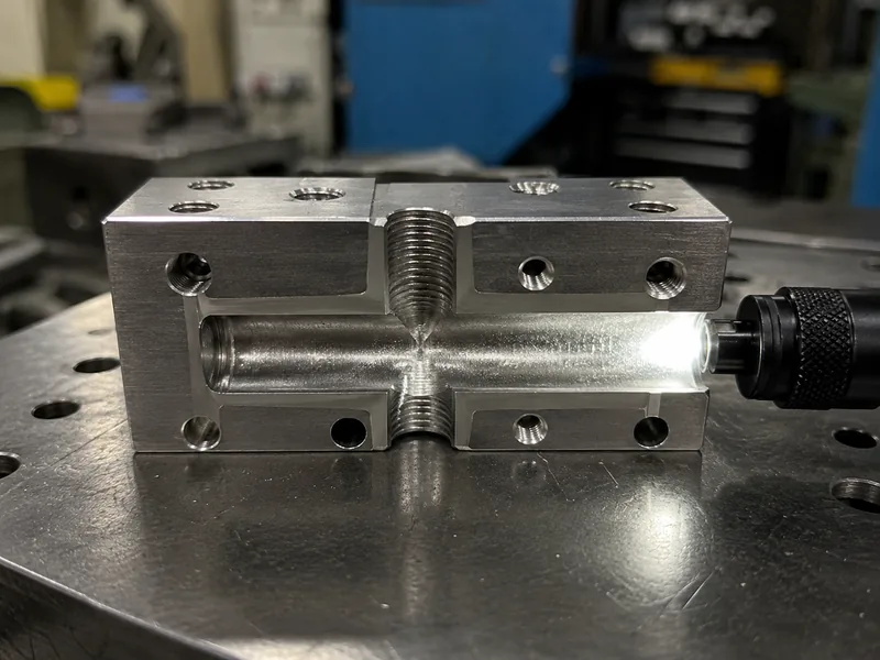 Macro view of cross-hole intersection in a pneumatic fitting
