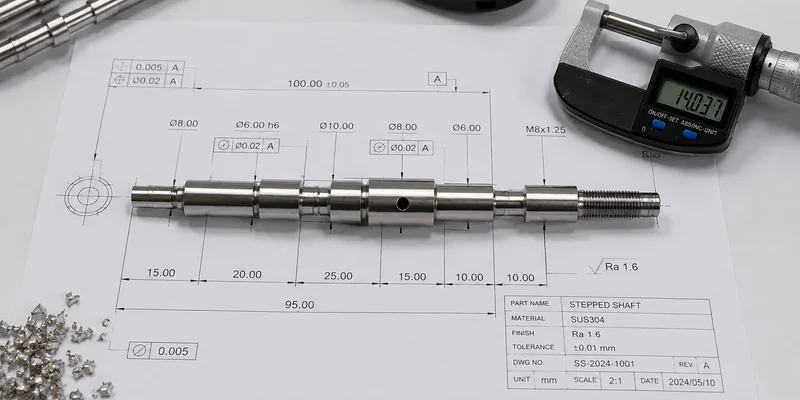 Engineering drawing next to a precision stepped shaft and micrometer