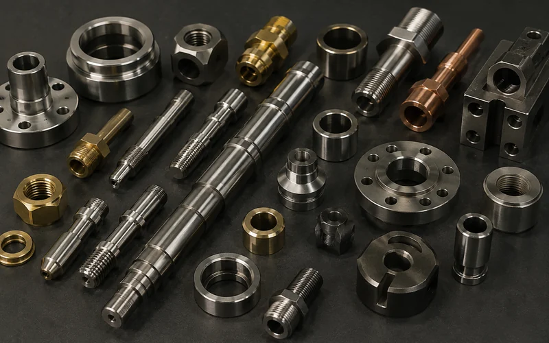 Collection of 8 typical CNC turned parts including stepped shaft, pin, bushing, sleeve, insert, fitting, flange, nozzle