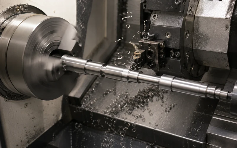 Inside a CNC lathe showing rotating cylindrical workpiece and cutting tool producing a finished shaft
