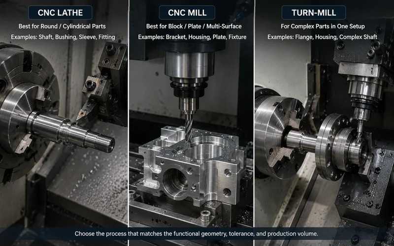 Comparison showing a CNC lathe part, a CNC milled part, and a hybrid turn-mill example