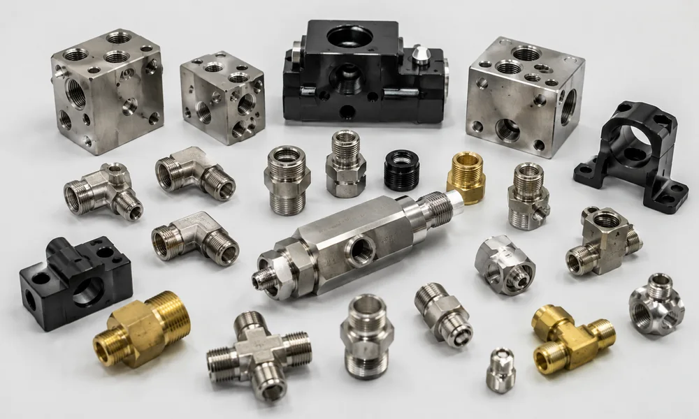 Collection of 8 types of rail equipment CNC components on industrial light gray background