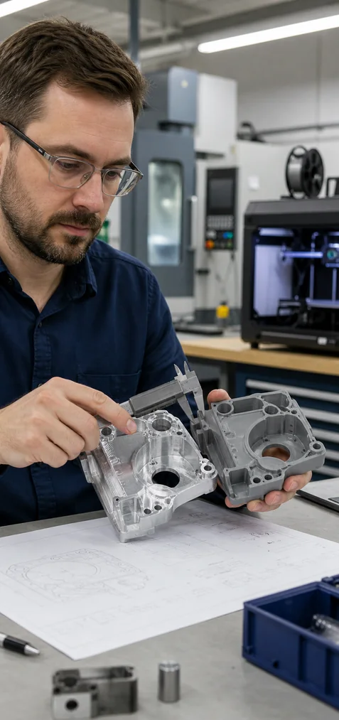Engineer comparing a CNC machined prototype with a 3D printed prototype