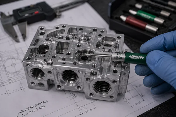 Macro view of internal cross-hole structure inside a manifold block