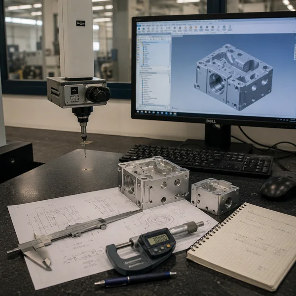 Composite image of various CNC milled parts including housings, brackets, manifolds, and complex 5-axis components ready for production