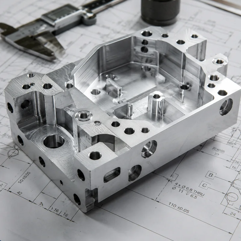 Detailed view of CNC milled features showing pockets, bores, and hole patterns
