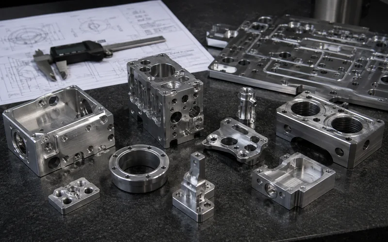 Collection of 8 typical CNC milled parts showing various features