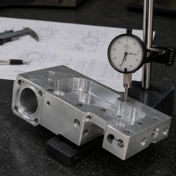 Granite surface plate with precision milled housing and dial indicator checking flatness