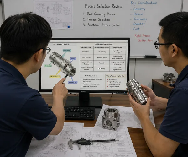 Engineers reviewing part geometry for CNC process selection