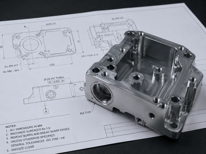 CNC milled housing showing Datum A, B, C and feature relationships