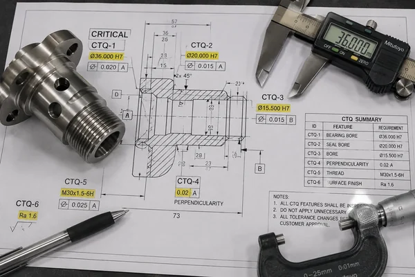 Engineering drawing with highlighted CTQ features