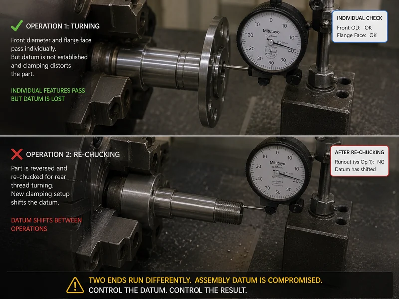 Split view showing operation 1 turning, re-chucking process, and operation 2 turning