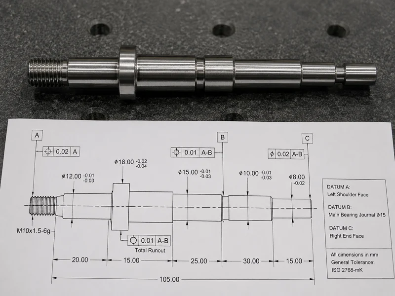 Real shaft with engineering centerline indicating OD, Bore, and Face datums