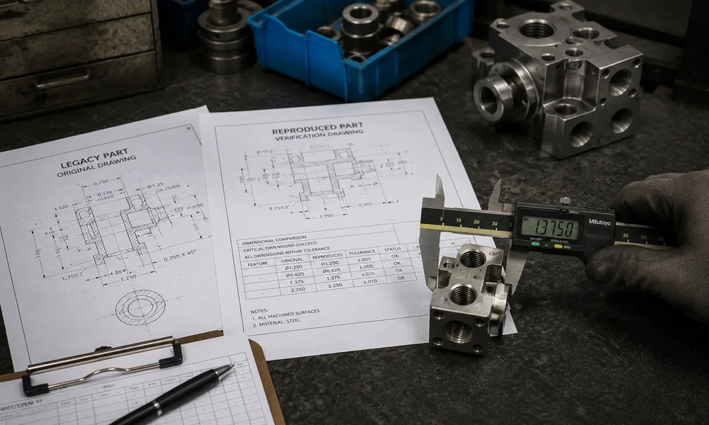 Three stages: old worn adapter, engineer measuring and CAD, newly machined replacement fitting