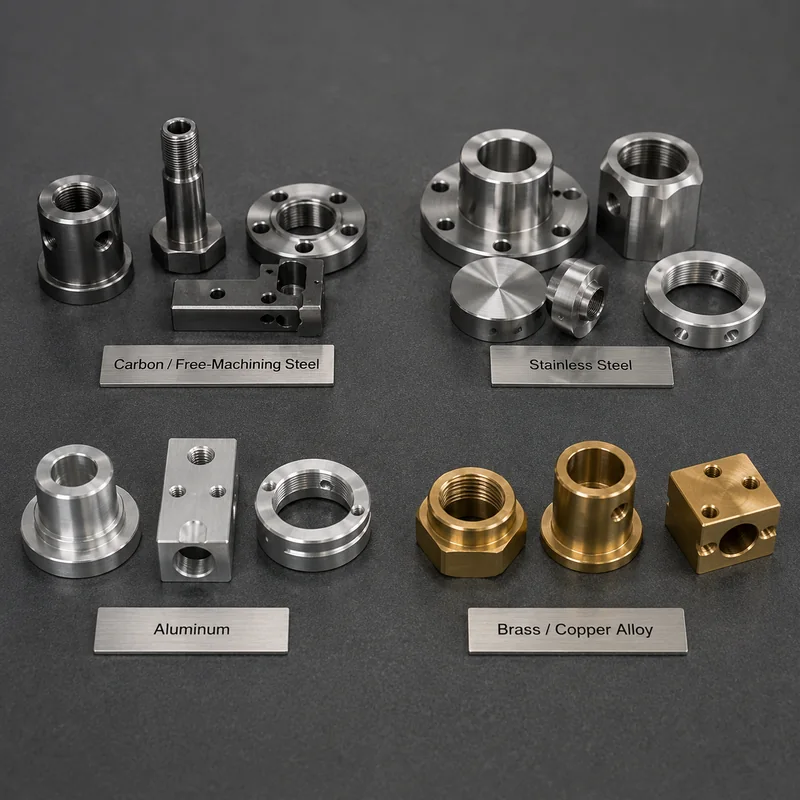 Four similar machined fittings made from steel, stainless steel, aluminum, and brass