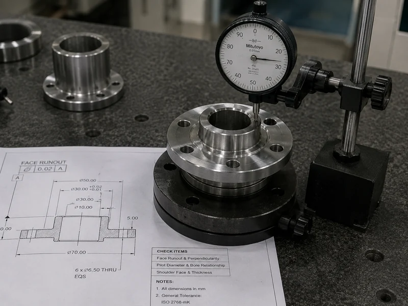 Precision round flange being checked with a dial indicator for face runout