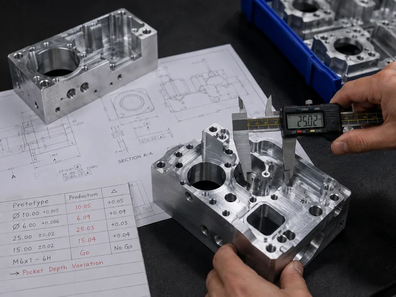 Batch of identical CNC milled parts with one undergoing inspection