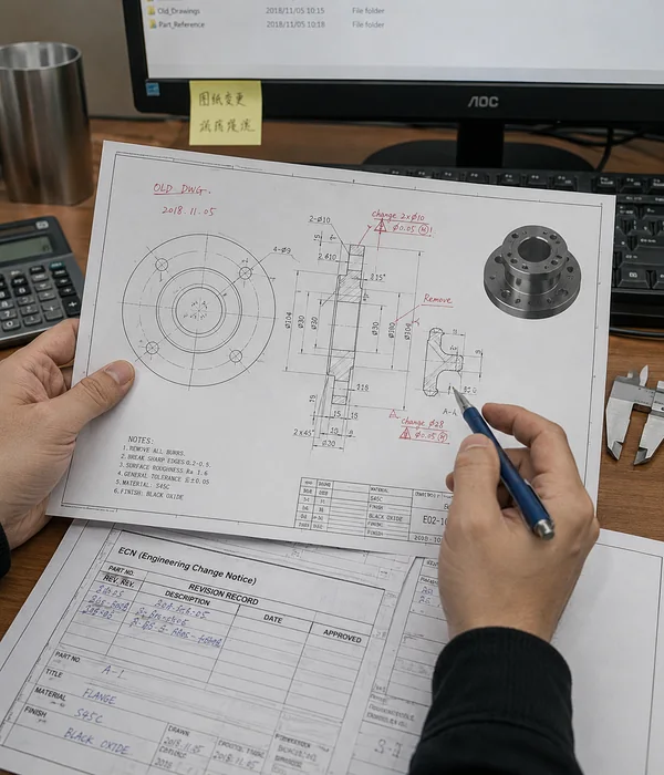 Engineering drawing revision next to a machined fitting and checklist