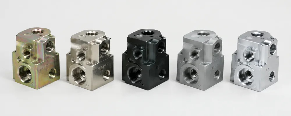 Fittings shown in as-machined, zinc-plated, blackened, and stainless natural finishes