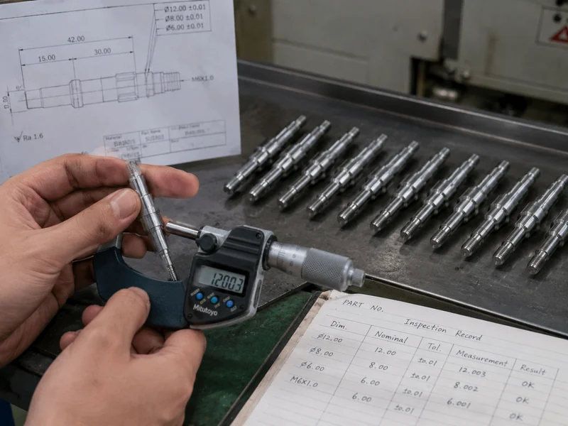 Micrometer measuring a turned component in foreground with a production batch in background