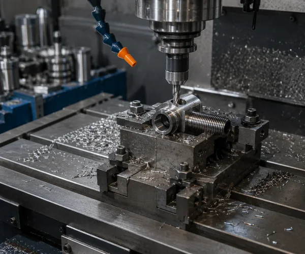 Close up of stainless steel machining showing chips and finished small holes