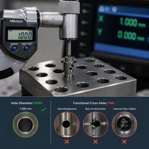 Magnified inspection of a micro cross-hole