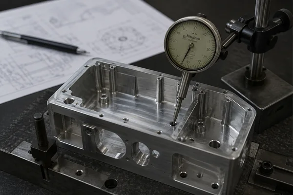 Close up of a thin-wall aluminum housing showing precise machining marks