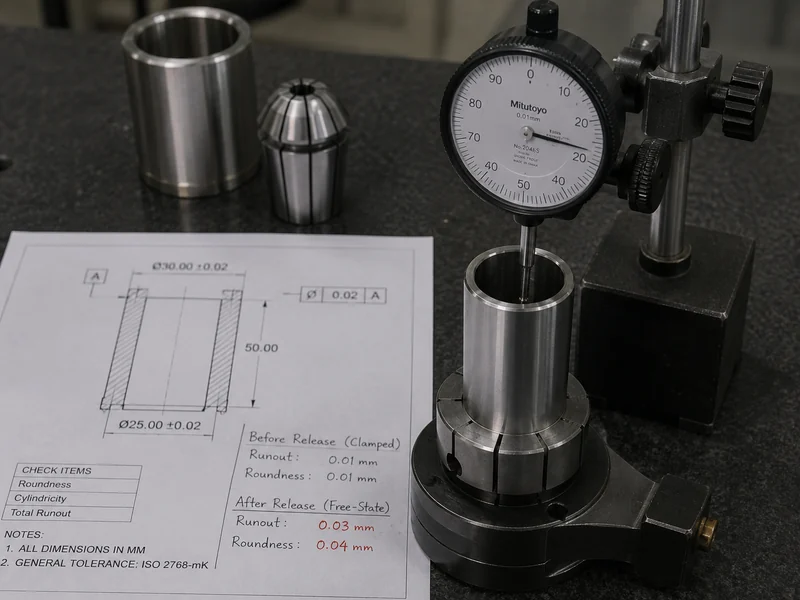 Thin-wall sleeve held in a collet and free-state inspection