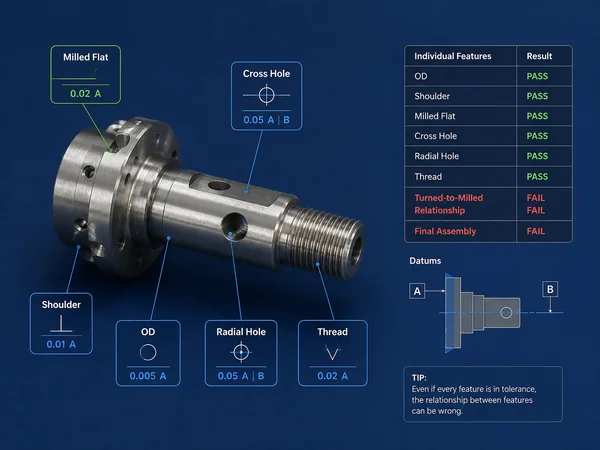 Engineering analysis of a complex shaft showing datums, flats, and cross holes