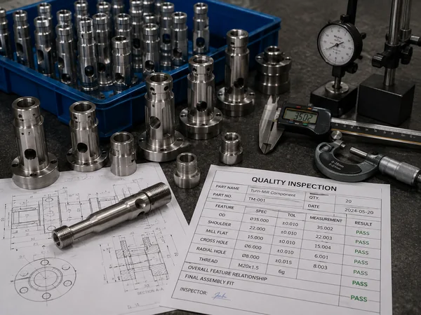 Batch of turn-mill components undergoing quality inspection