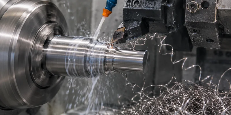 Real CNC machining stainless close-up with chips and coolant