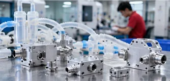 Machined valve blocks and flow connectors for equipment assemblies