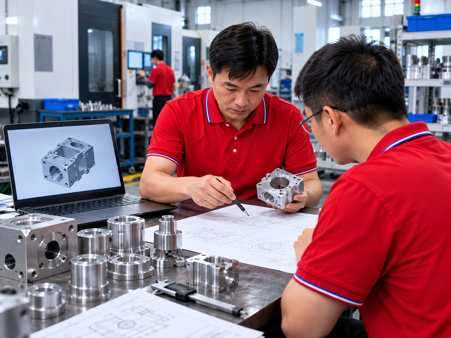Engineer reviewing CAD and drawing for CNC housing
