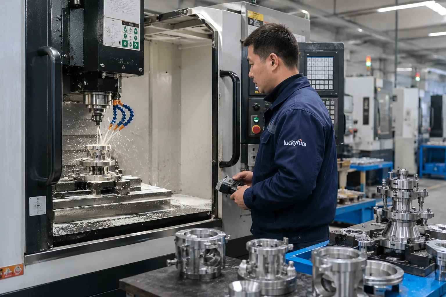 CNC Machinist inspecting robot part