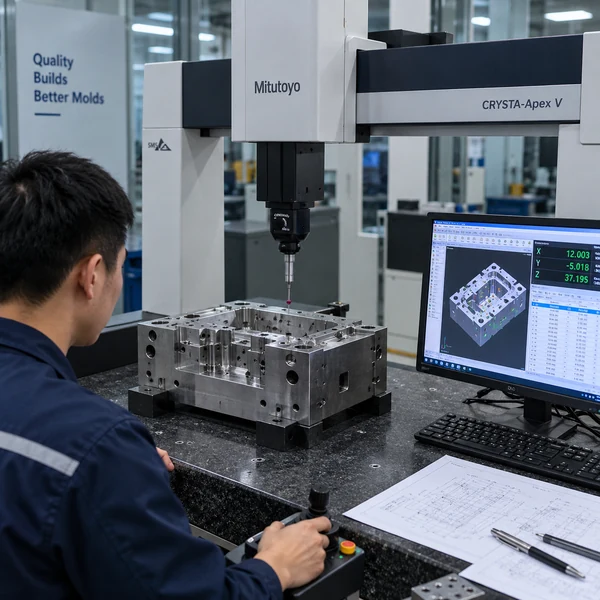 Quality inspector using CMM on a machined mold component