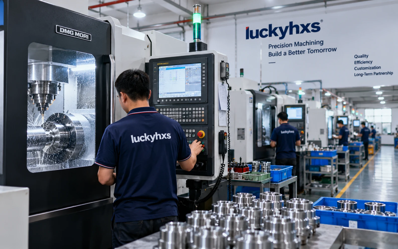 Real factory floor with CNC machines and inspection area