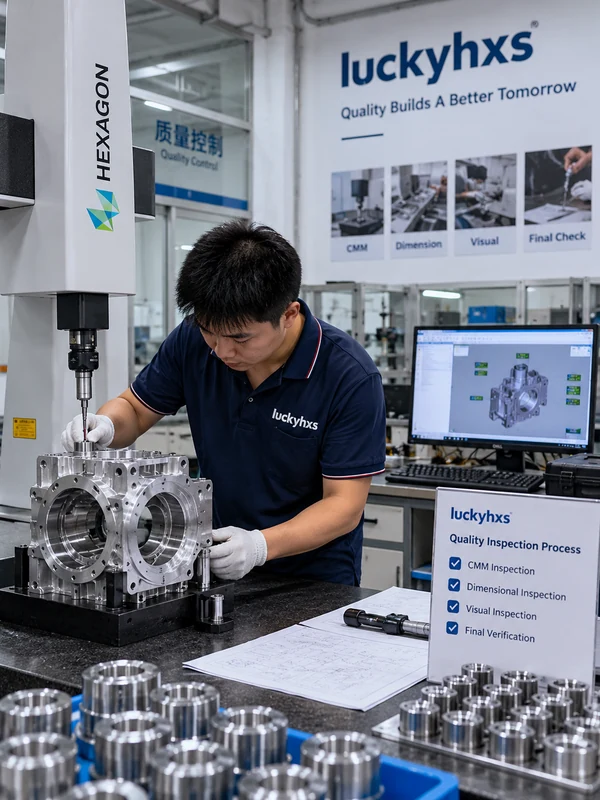 Real QC laboratory inspecting CNC parts