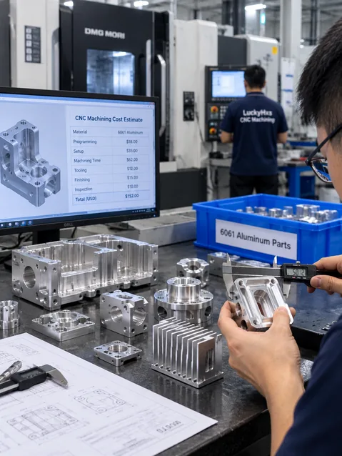 CNC engineer reviewing 2D drawing, 3D CAD and 6061 housing for quotation in light workshop