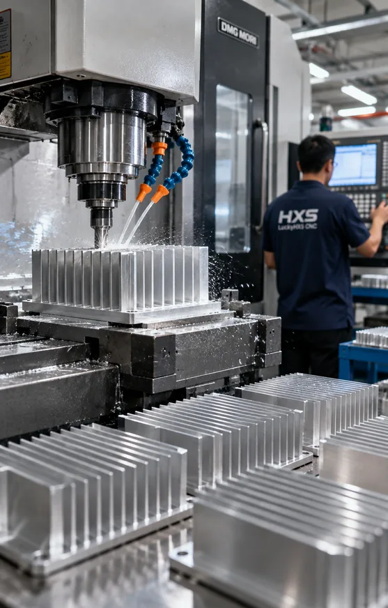 Engineer inspecting thermal interface flatness on an aluminum CNC machined cold plate
